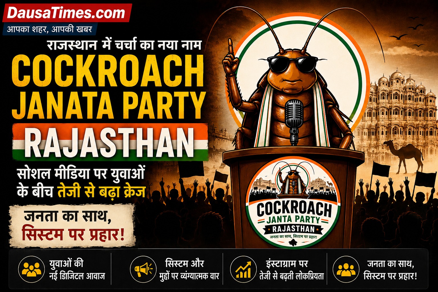 राजस्थान में “Cockroach Janata Party” की एंट्री, सोशल मीडिया पर युवाओं के बीच तेजी से बढ़ा क्रेज